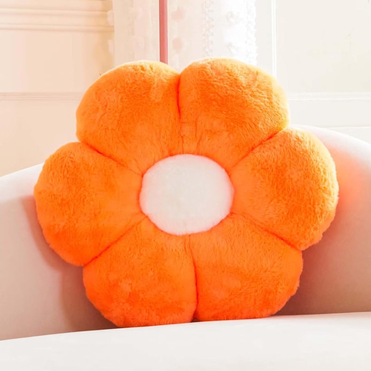 Cute Decorative Orange Flower Shaped Throw Pillow with Faux Rabbit Fur, Soft Plush Pillow, 14.9" Room Decor for Bedroom Living Room