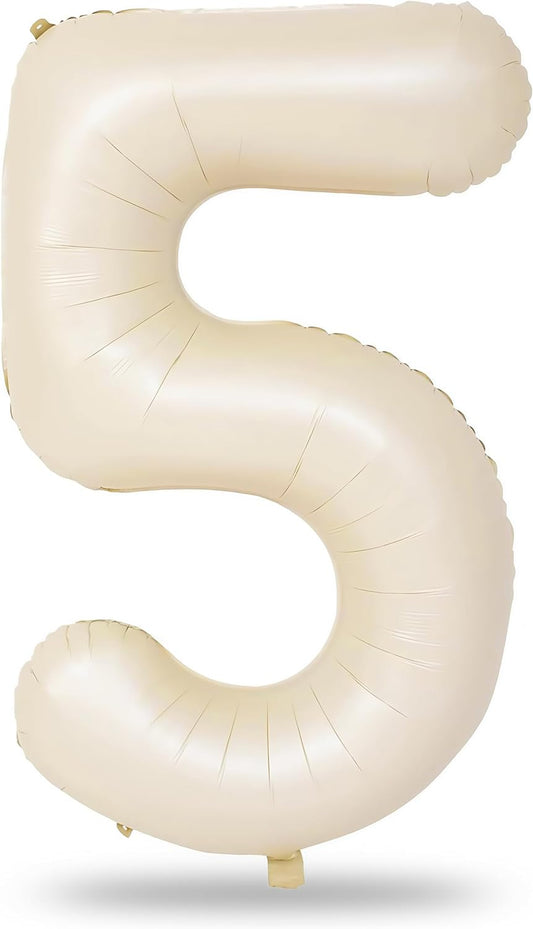 Beige Number 5 Balloon for Girls Boys, 40 Inch Large Cream Number 0-9 Foil Mylar Helium Digital Balloons Set for Women Men Birthday Graduation Anniversary Party Decorations Celebration Supplies