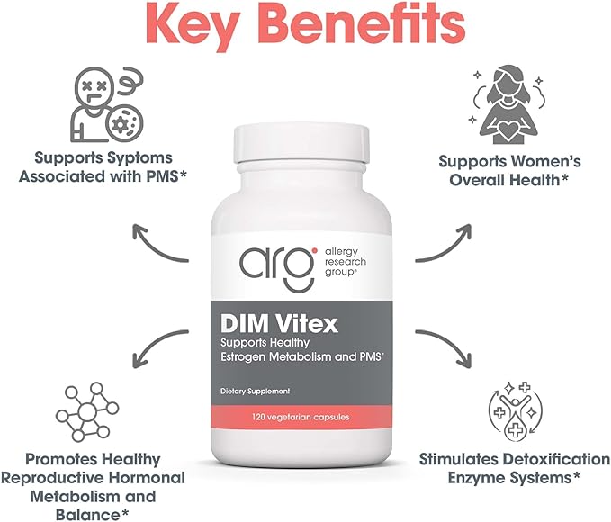 Allergy Research Group DIM Vitex Supplement - Supports Healthy Hormone Balance & Menstrual Cycle, PMS Formula, Vitamin B6, Hypoallergenic, Vegetarian Capsules, Soy-Free - 120 Count