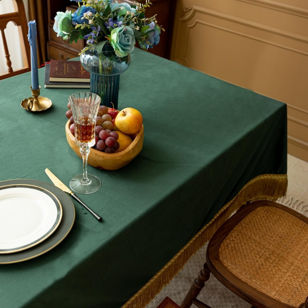 F-CHU Luxury Green Tablecloth Thickset Velvet Tablecloth with Beautiful Gold Tassels Table Cloth for Home Decor Wedding, Party, Banquet and Events 60x120-Inch