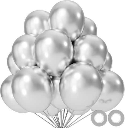 110pcs Metallic silver Balloons, Metallic silver Latex Balloons 12 inch, silver Balloon for Birthday Party Baby Shower Wedding(with 2 Ribbons).