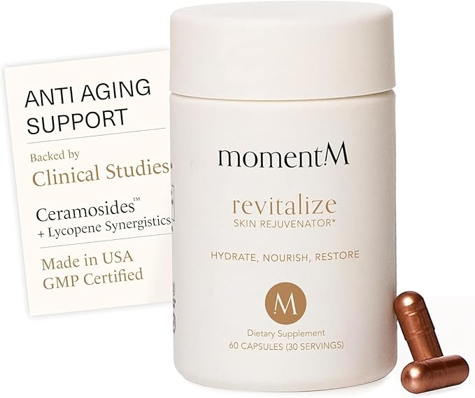 Revitalize Skin Supplement for Wrinkles Fine Lines Hydration Anti Aging Longevity - Nail Skin Hair Vitamins - Phytoceramides Lycopene Hyaluronic Acid Pills - Gluten Free Non GMO Vegan - 60 Capsules