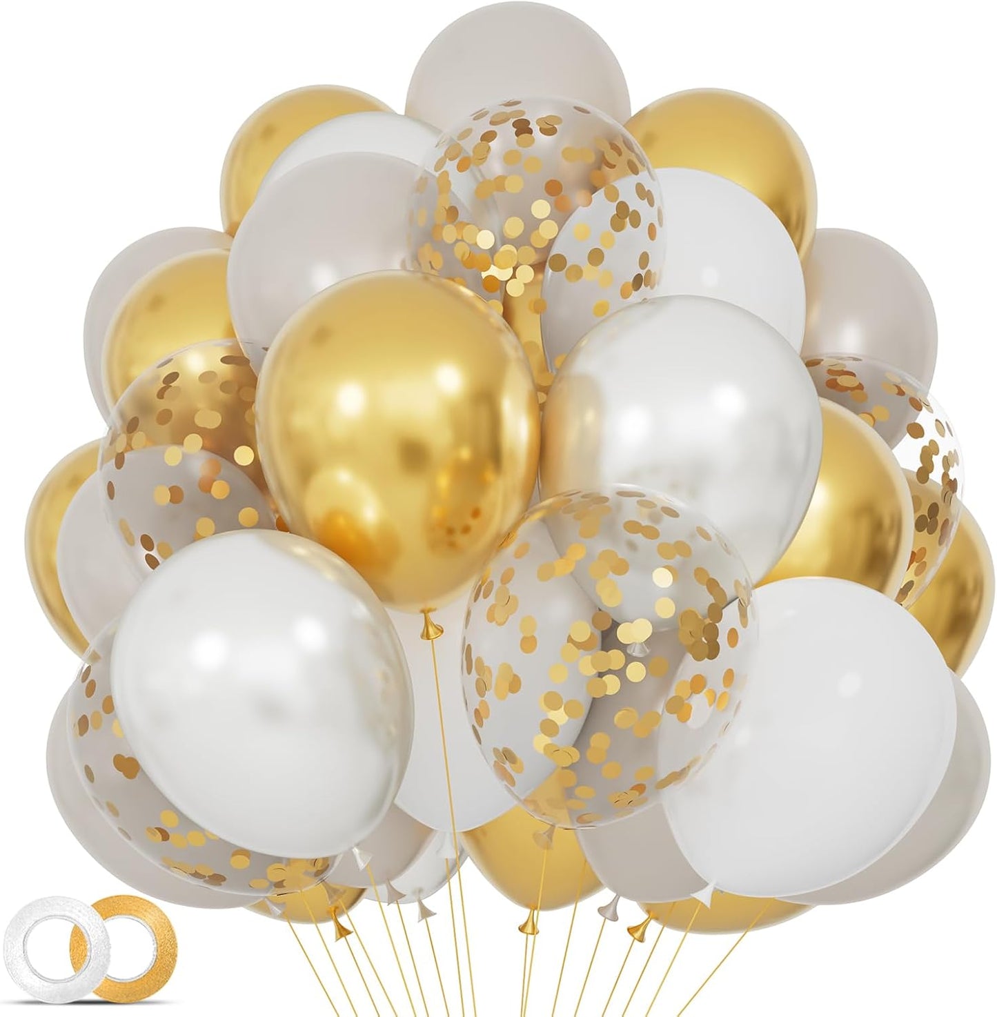 68Pcs Sand White Gold Confetti Balloons Kit 12 Inch Ballons Beige Pearl White Balloon Gold Party Balloons with Ribbons for Birthday Wedding engagement Baby Shower Graduation Decorations.