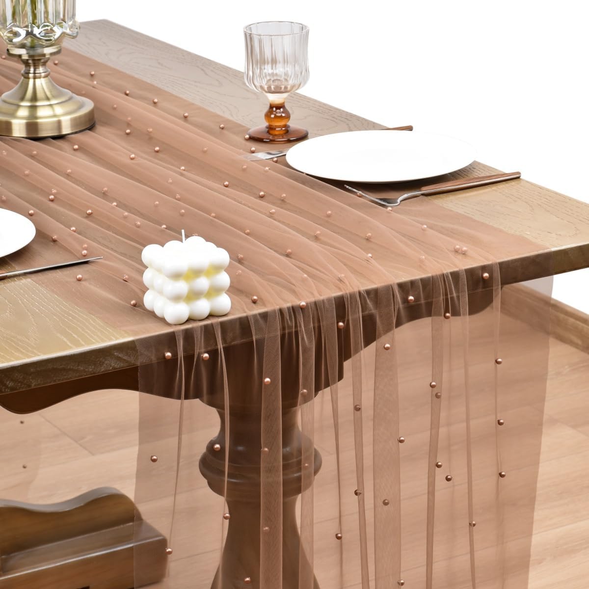 Joanlody Fall Pearl Table Runner 10ft Rustic Boho Tulle Table Runner with Pearls for Baby Shower Wedding Party Veil Dessert Thanksgiving Table Decor Coffee 4pcs