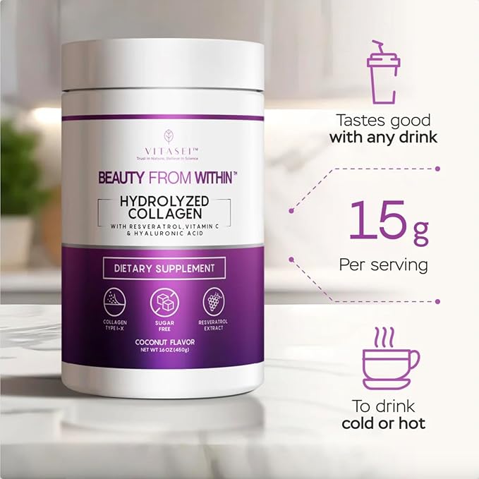 Hydrolyzed Collagen Peptides Powder with Vitamin C & Resveratrol - Hair, Skin and Nails Vitamins for Women & Men - Bone and Joint Supplement - Coconut Flavored - 16 oz