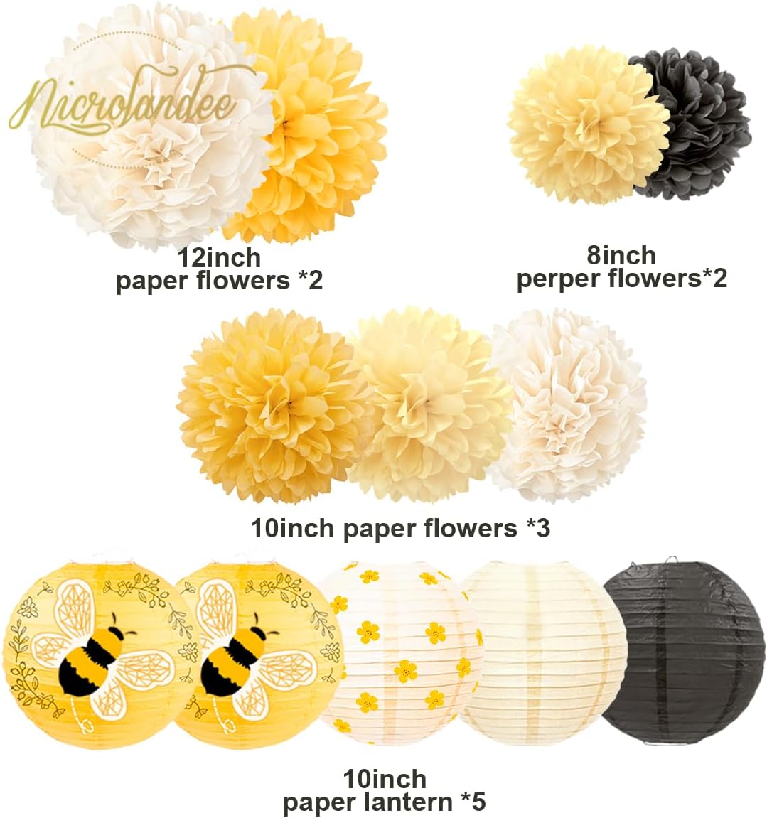 NICROLANDEE Bee Party Decorations, 12PCS Yellow Hanging Paper Lanterns Tissue Pom Poms Decor for Bee Day Party, Bee Themed Birthday Decorations, Yellow Flower Bumble Baby Shower