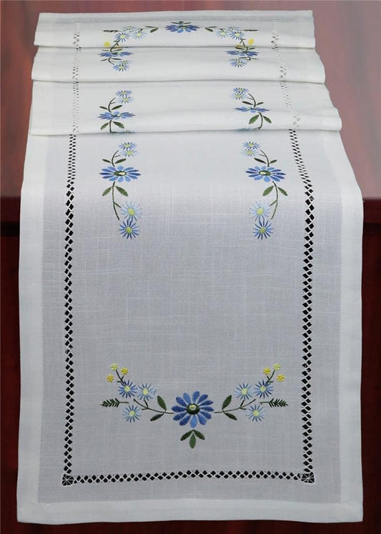 Creative Linens Hemstitch Embroidered Daisy Flower Table Runner 15x70 Dresser Scarf White Blue Rectangular