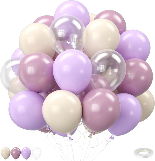 Purple and White Balloons, 12 Inch Pastel Purple Beige Cream White Clear Latex Balloon for Girls Birthday Bachelorette Party Bridal Baby Shower Party Decorations Supplies
