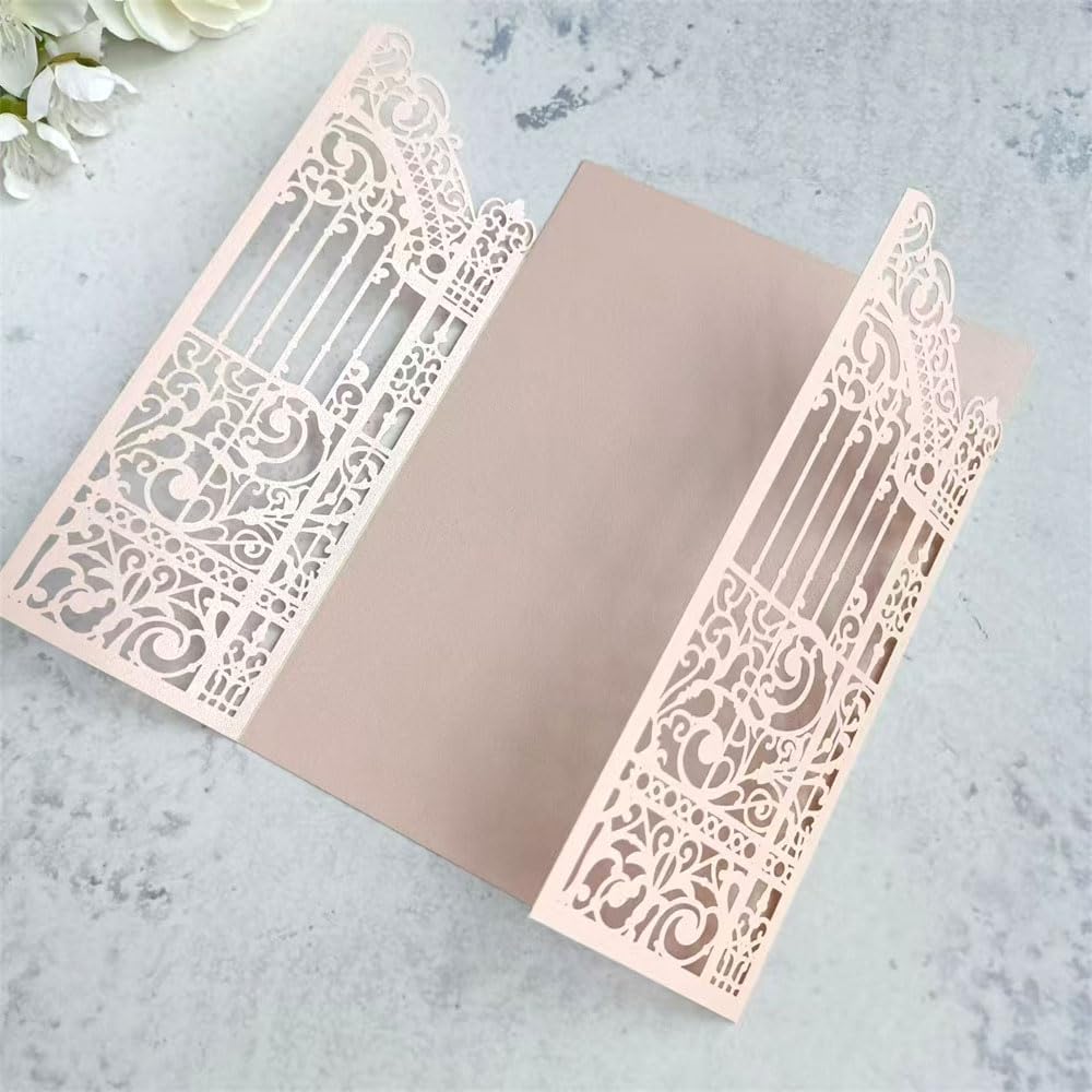MillaSaw Soft Pink Laser Cut Gate Invitation for Wedding Bridal Shower Birthday Quinceanera Invitation 25 Sets (soft pink, 4.9"x7.1")