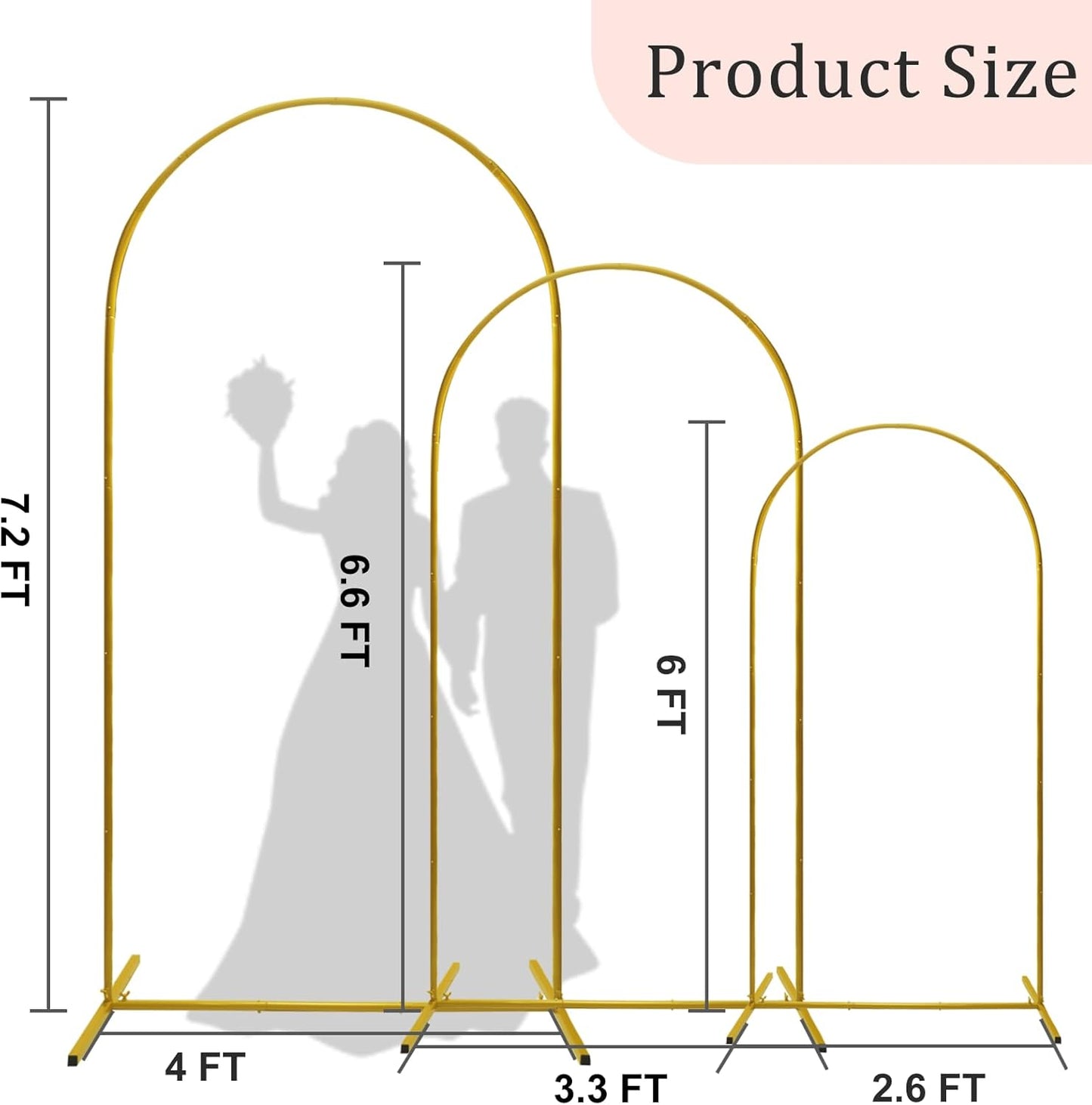 U+U Arch Backdrop Stand Set of 3, Gold Arch Stand for Wedding Birthday Party Bridal Baby Shower Balloon Arch Decoration (7.2FT, 6.6FT, 6FT)