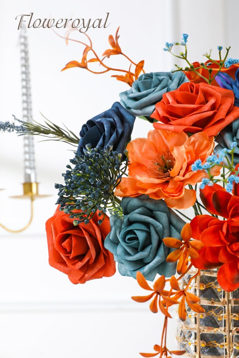 Floweroyal Artificial Flowers Combo Orange Flowers Mix Silk Flowers Dahlia Roses with Stems for DIY Wedding Bridal Bouquets, Baby Shower, Floral Arrangement, Table Centerpieces, Home Decorations.