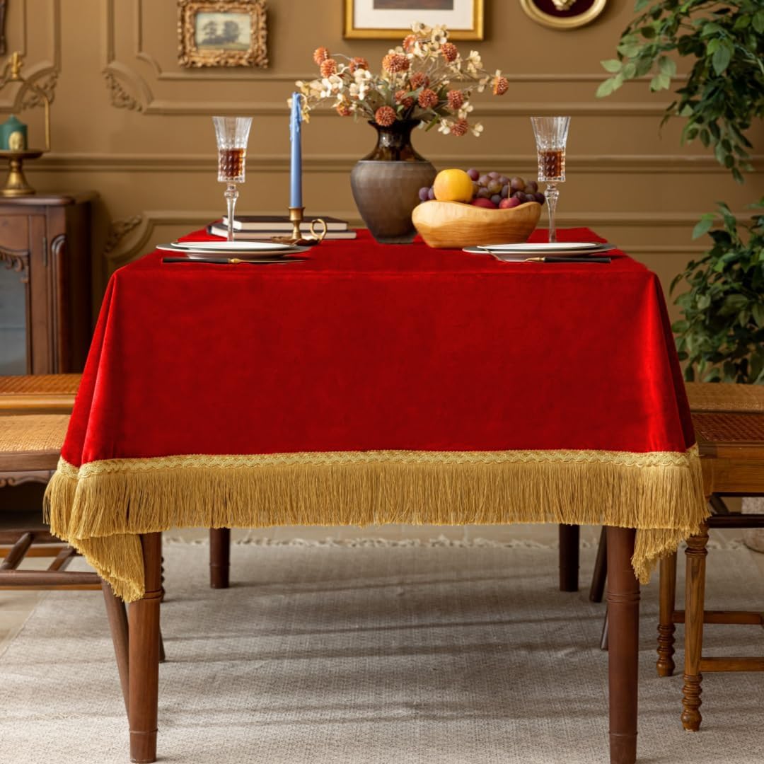 F-CHU Red Tablecloth Thickset Velvet Tablecloth with Beautiful Gold Tassels Vintage Table Cloth for Home Decor Wedding, Party, Banquet and Events 60x120-Inch