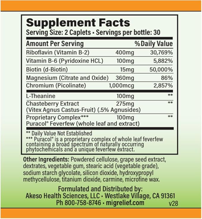 MigreLief+M – Advanced Nutritional Support Supplement for Women’s Neurological Health and Head Comfort – 60 Caplets (1-Month Supply)