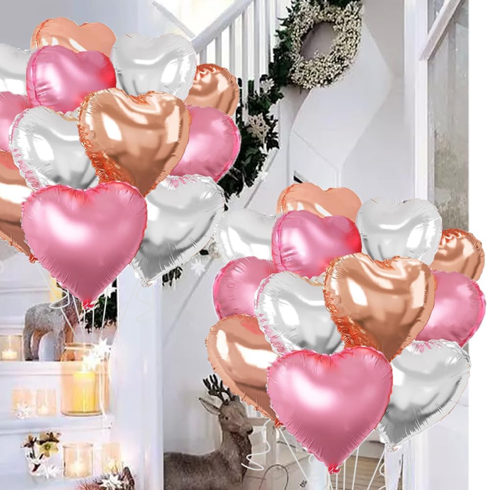 Rose Gold & Silver Heart Balloons，18 Inch Light Pink Foil Love Heart Shaped Balloons for Birthday Party Bridal Engagement Wedding Anniversary Baby Shower Valentines Decorations 12Pcs