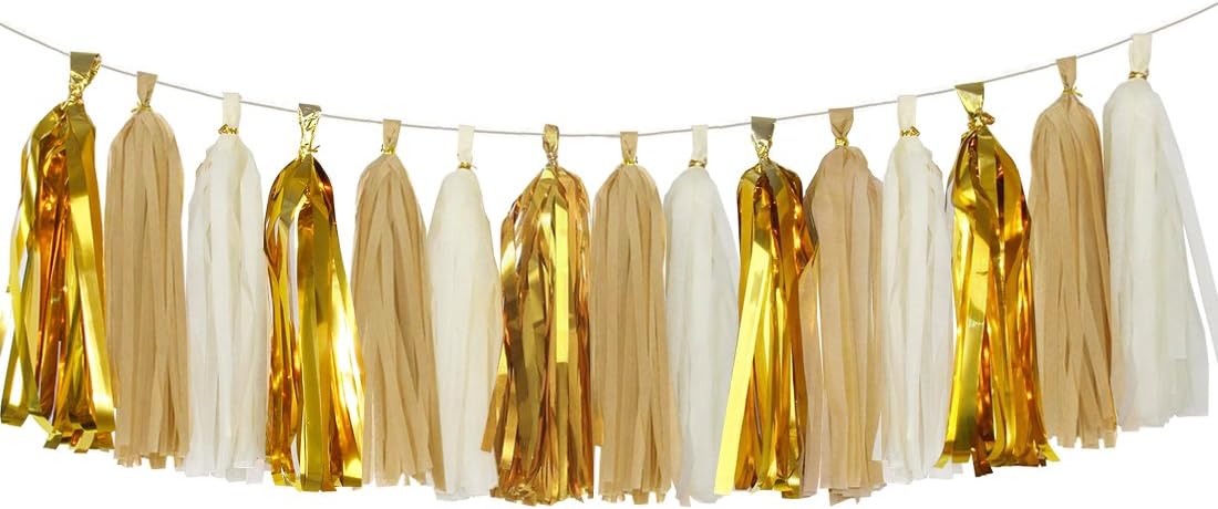 Shiny Tassel Garland Tissue Paper Tassels Banner Decoration for Birthday Party, Bridal Shower, Table Decor, Metallic Gold+Tan+Ivory, 15 pcs