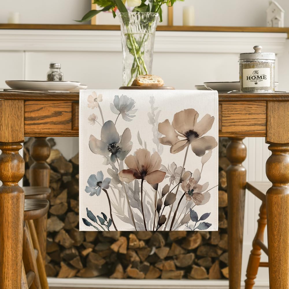 Artoid Mode Brown Poppy Floral Leaves Spring Table Runner, Seasonal Summer Kitchen Dining Table Decoration for Home Party Decor 13x120 Inch