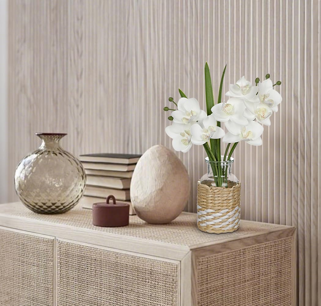 White Orchids Artificial Flowers with Vase, Small Faux Orchid Arrangement Fake Flower in Woven Glass Vase Small White Centerpieces for Kitchen Dining Room Tables Bathroom Nightstand Decor