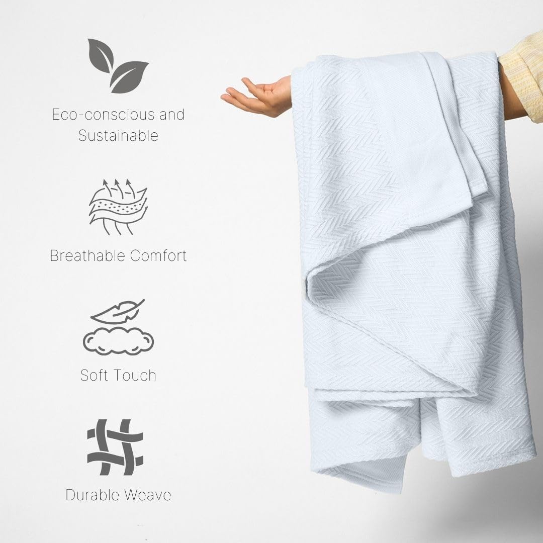 100% Cotton Herringbone Weave Blankets, 108"X90" King,Throw Blanket for Bed,All Season Cotton Blanket, Cozy Blanket,Throws Bed Blanket, Throw Blanket for Couch,Modern Home Decor -Light Blue