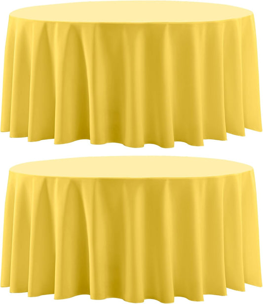 Round Tablecloth 2 Pack 108 Inch Yellow Tablecloths Washable Decorative Linen Polyester Table Clothes Cover for Dining Table Banquets Buffet Parties and Wedding
