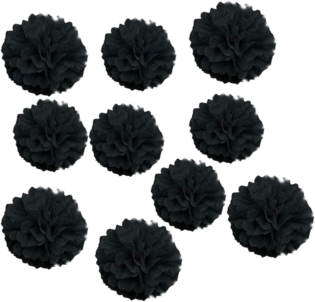 10pcs 8in 10in Paper Pom Poms - Black Tissue Flower Balls for Wedding Party Decorations - DIY Art Craft Blooms for Birthday Baby Shower Nursery Decor