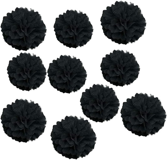 10pcs 8in 10in Paper Pom Poms - Black Tissue Flower Balls for Wedding Party Decorations - DIY Art Craft Blooms for Birthday Baby Shower Nursery Decor