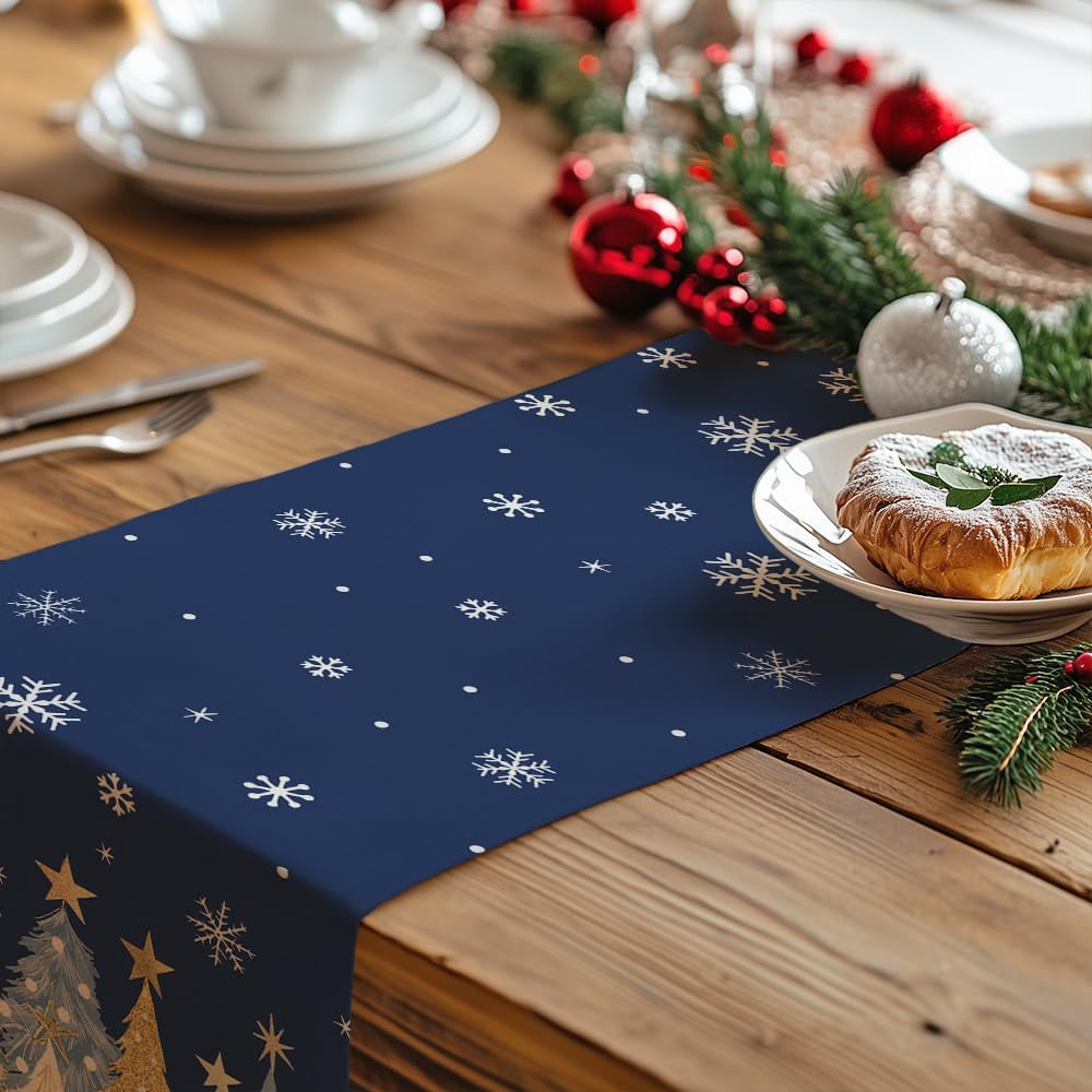 GEEORY Christmas Table Runner 13x108 Inch, Xmas Trees Snowflakes Holiday Decorative Farmhouse Table Decoration for Kitchen Dinning, Indoor Outdoor Dinner Party Decor (Blue) GT151-108
