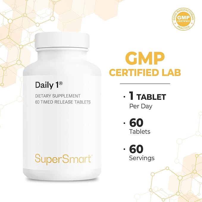 Supersmart Daily 1 Timed Release (Patented) - 30-in-1 Daily Multivitamin for Women & Men - with Vitamin A, B, C, D, E, Magnesium, Zinc, BioPQQ | Made in USA | Non-GMO & Gluten Free - 60 Tablets