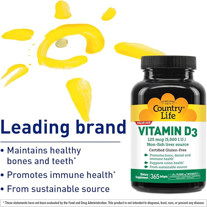 Country Life Vitamin D3 5000 IU – High Potency, Non-Fish Source, Supports Bone Health, Immune Function & Calcium Absorption – 365 Softgels, Certified Gluten-Free, Long-Term Supply