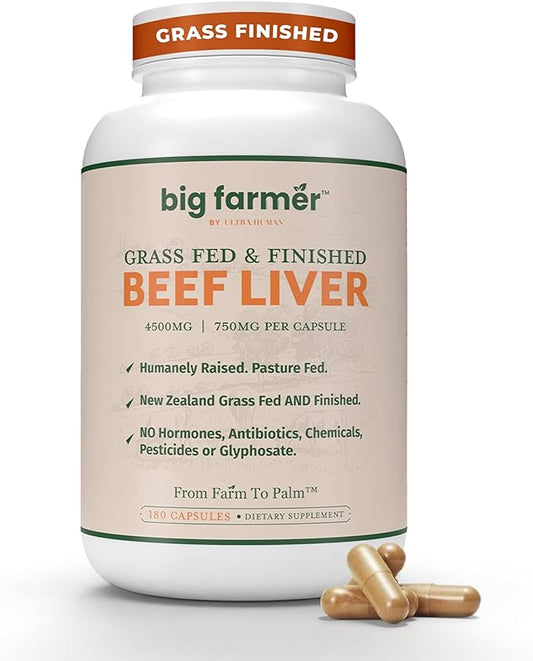 Ultra Human Big Farmer Grass-Fed & Finished Beef Liver Capsules – 180 Ct, Supports Energy, Detox, Digestion & Immunity, Non-GMO Desiccated Beef Organ Supplement for Liver Health & Full-Body Wellness