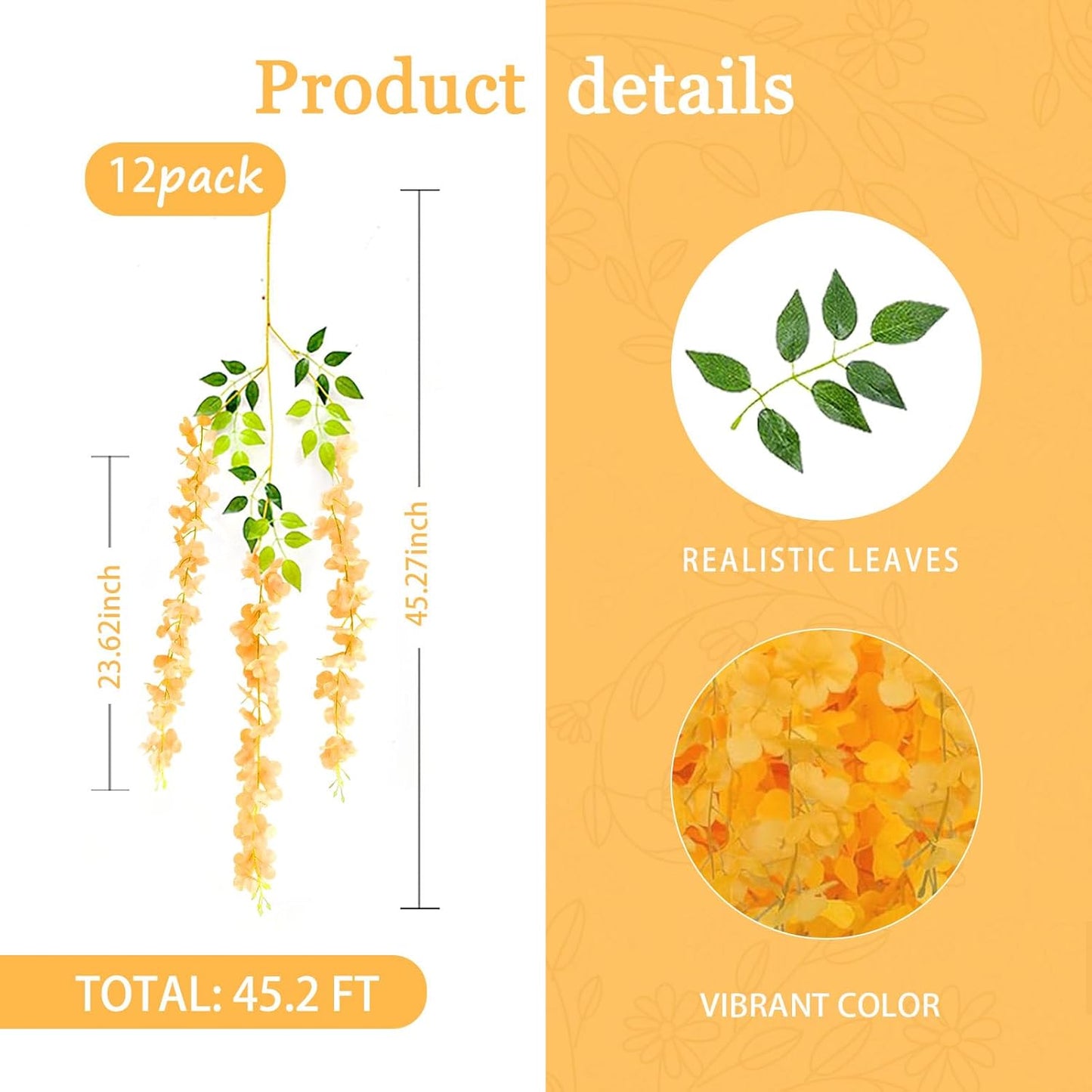 12 Pack Orange Wisteria Hanging Flowers Garland, 3.77 Feet Artificial Flower Vines, Fake Wisteria, Artificial Vines Hanging Garland for Backdrop Outdoor Yard Garden Decor