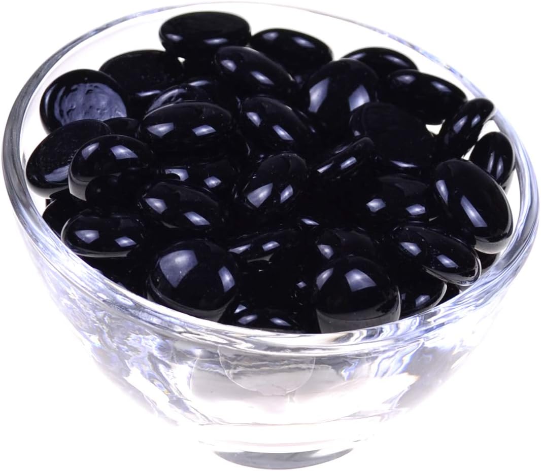 KINGOU Flat Glass Gems/Marbles/Stones/Beads for Vase Filler, Table Scatter, Games - 1 Lbs (17-19mm, Approx. 3/4") - Black