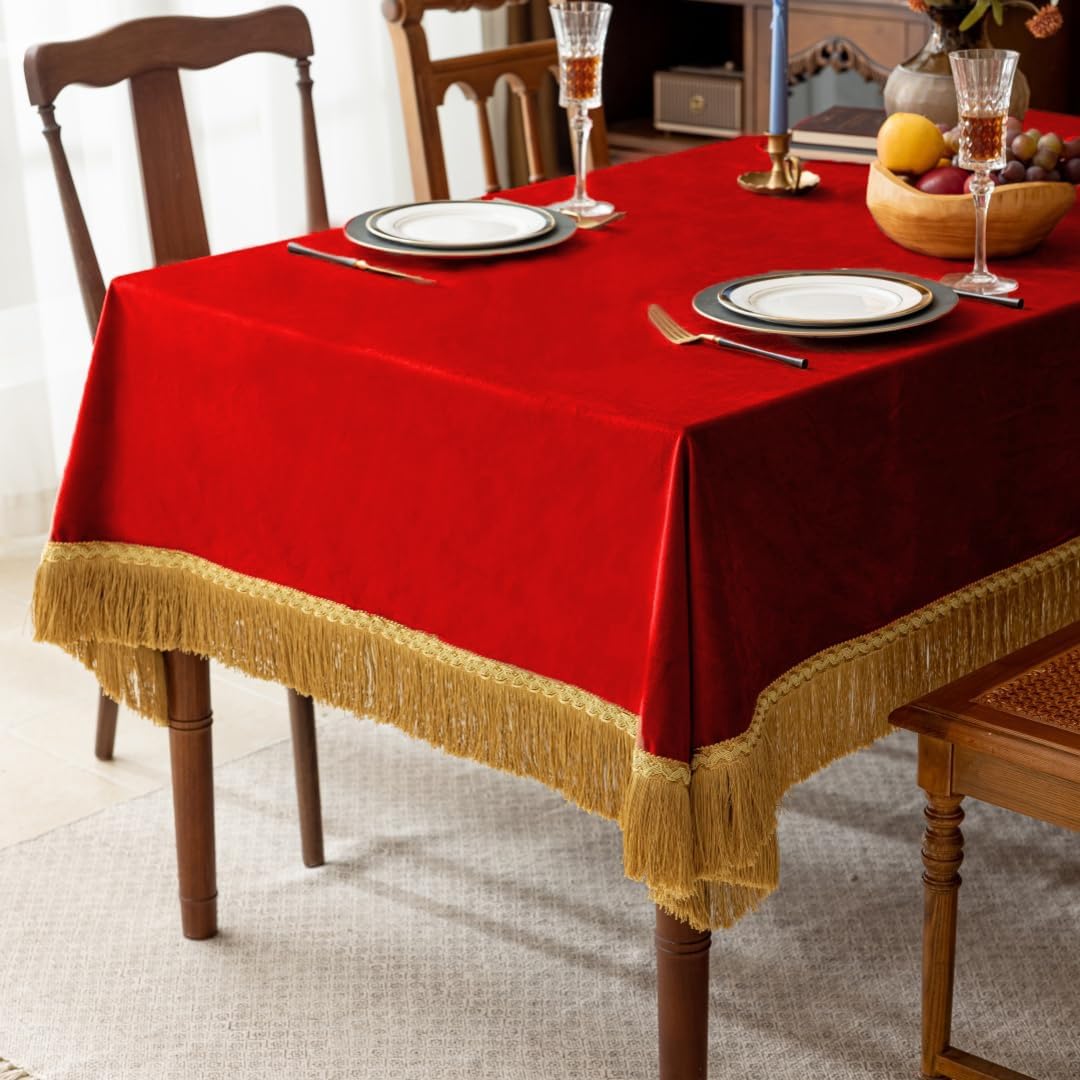 F-CHU Luxury Red Tablecloth Thickset Velvet Tablecloth with Beautiful Gold Tassels Vintage Table Cloth for Home Decor Wedding, Party, Banquet and Events 60x70-Inch