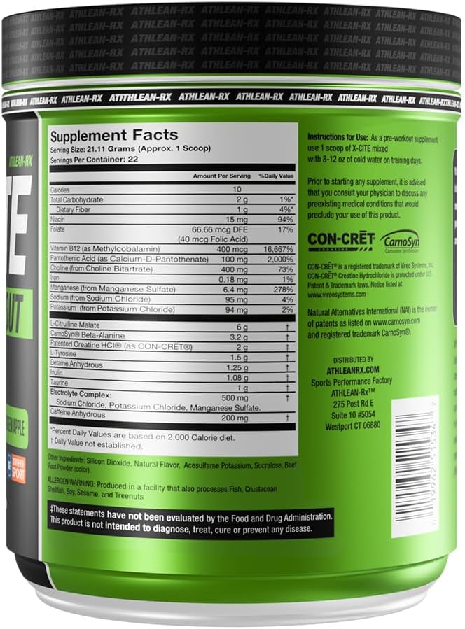 X-CITE Pre-Workout by ATHLEAN-X - Enhanced Formula with Beta-Alanine, Creatine & Caffeine for Ultimate Energy, Endurance, Focus & Muscle Pump, NSF Certified for Sports (22 Servings, Sour Green Apple)