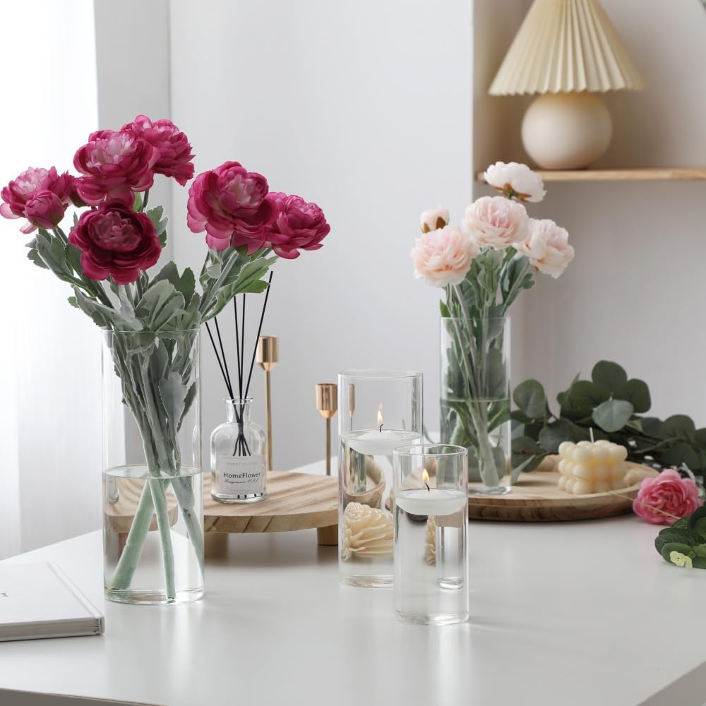 Set of 4 Pcs Glass Cylinder Vases for Centerpieces with 6 Pcs White Floating Candles for Centerpieces Glass Candle Holder for Table Shelf Wedding Party Home Decor (S+M+L+XL)