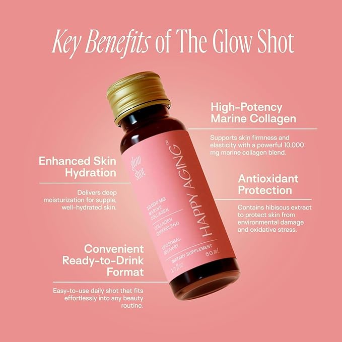 Glow Shot – 10,000mg Liquid Marine Collagen – Liposomal Absorption for Women – Hydrates & Firms Skin, Strengthens Nails – Ready-to-Drink, No Mixing Needed, Non-GMO, 10 Shots