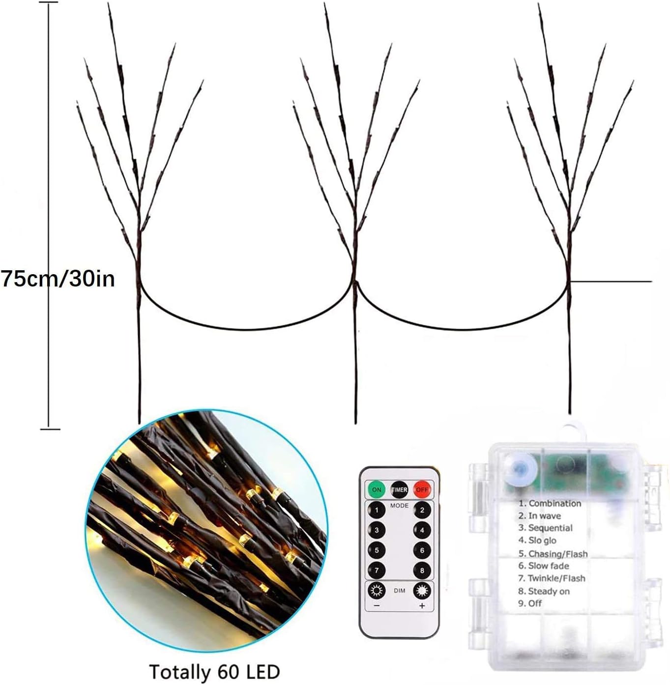 Lxcom Lighting LED Branch Lights 3 Pack 20 LEDs Decorative Branches Battery Operated with Timer Brown Willow Twig Lighted Branches Warm White Artificial Twig Lights for Home Party Wedding Decoration