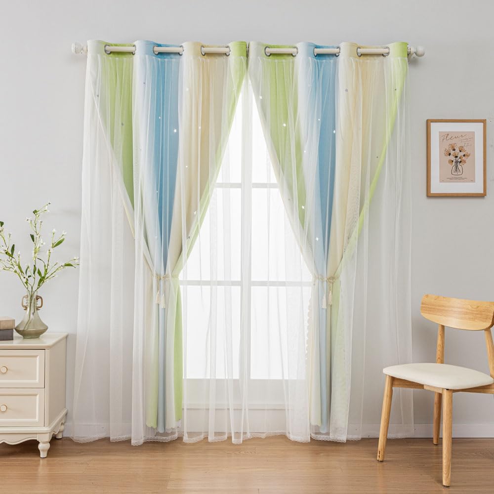 FANLI Ombre Rainbow Blackout Curtains for Kid Girls Bedroom Living Room Darking Stripe Double Layer Star Cut Out Wall Home Decor Gradient Grommet Window Curtains （Blue Green 52Wx95L）
