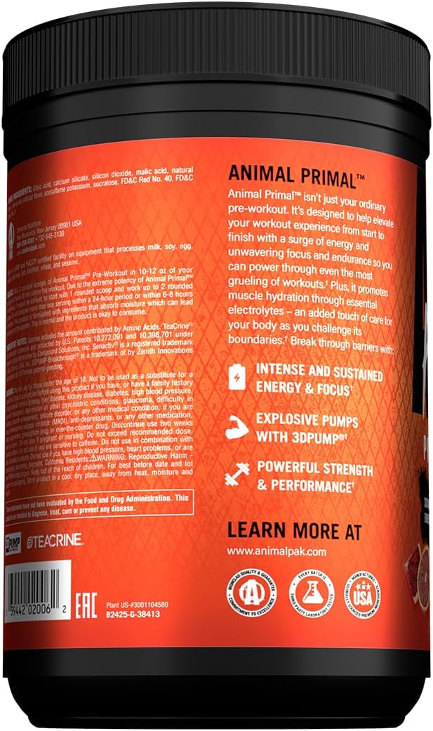 Animal Primal Muscle Hydration + Preworkout Powder – Contains Beta Alanine, 3DPump, Caffeine & Electrolytes – Improves Energy, Focus, Endurance & Absorption – New Blood Orange Flavor, 17.7 oz