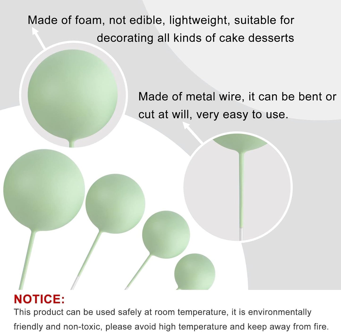 ASTARON 20 Pcs Ball Cake Topper Decorations Mini Balloons Cake Topper Sticks Light Green Balls Cake Picks Cake Topper Balls Cake Decorations for Wedding Birthday Cake Decorations