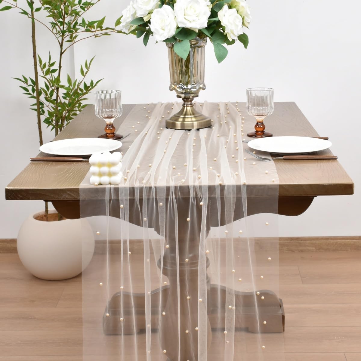 Joanlody Fall Pearl Table Runner 10ft Rustic Boho Tulle Table Runner with Pearls for Baby Shower Wedding Party Veil Dessert Thanksgiving Table Decor Champagne