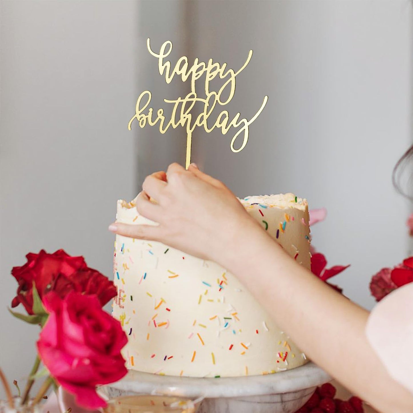 6-Pack Acrylic Birthday Cake Toppers, Minimalist Gold Happy Birthday Sign for Cake Decorations