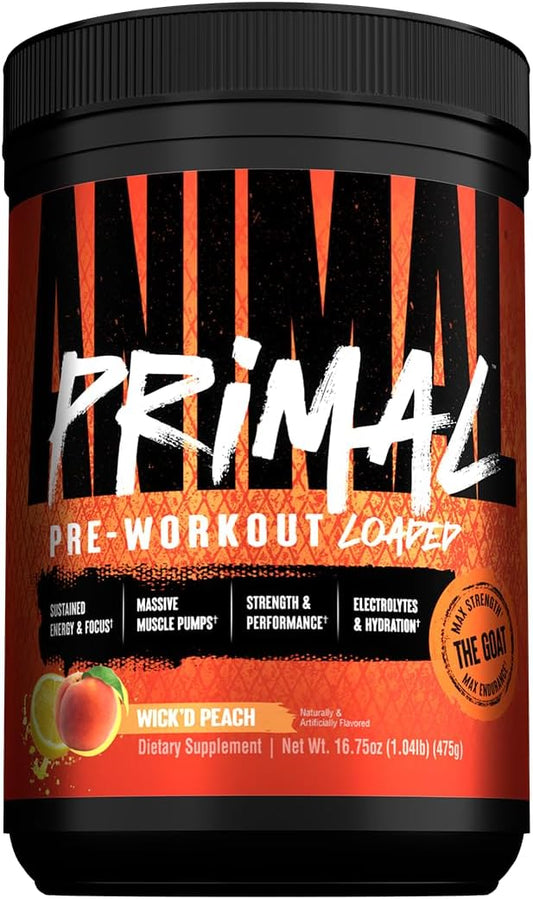 Animal Primal Muscle Hydration + Preworkout Powder – Contains Beta Alanine, 3DPump, Caffeine & Electrolytes – Improves Energy, Focus, Endurance & Absorption – New Wick’d Peach Flavor, 16.75 oz