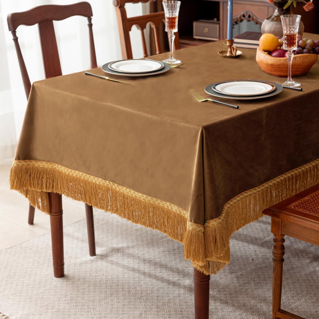 F-CHU Luxury Camel Tablecloth Thickset Velvet Tablecloth with Beautiful Gold Tassels Vintage Table Cloth for Home Decor Wedding, Party, Banquet and Events 60x70-Inch