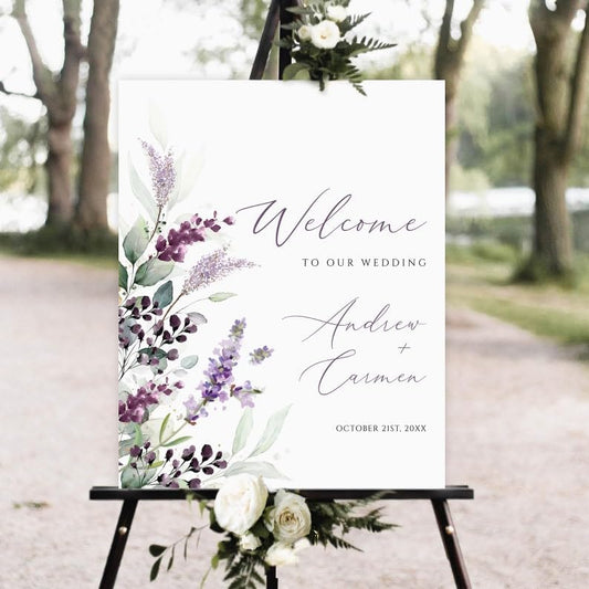 Welcome To Our Wedding Sign, Lavender Floral Boho Wedding Welcome Sign, 12x18, 18x27, 24x36 inches, Plastic, Weatherproof & Fade-Resistant