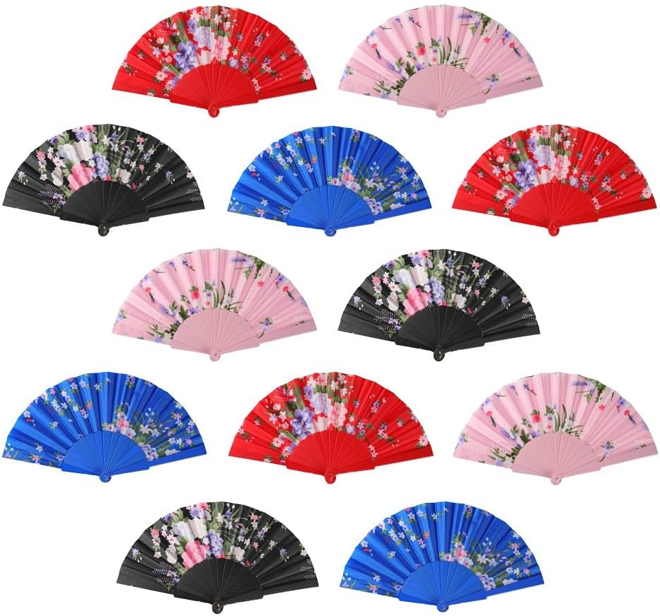 HUNANBANG 1 Dozen Oriental Flowers Japanese Folding Hand Fans Spanish Church Wedding Vintage Gift, Party Favors, DIY Decoration retro Gift Size 8 1/4" Wholesale (12pack)
