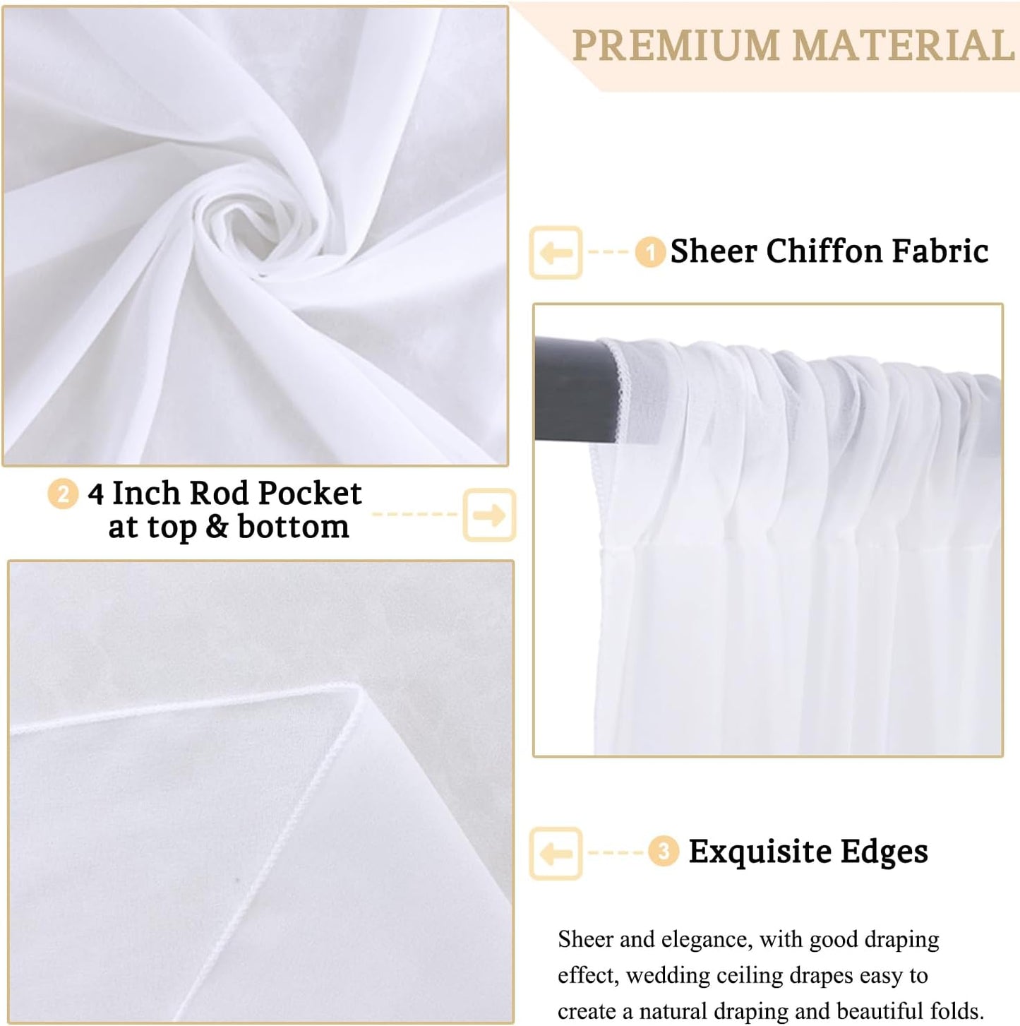 MODFUNS Ceiling Drapes for Parties White Sheer Chiffon Curtains 5x30FT 6 Panels Wedding Arch Drapes Fabric Sheers Arbor Drapery Tulle Ceiling Covering Fabric for Ceremony Stage Arbor Ornament