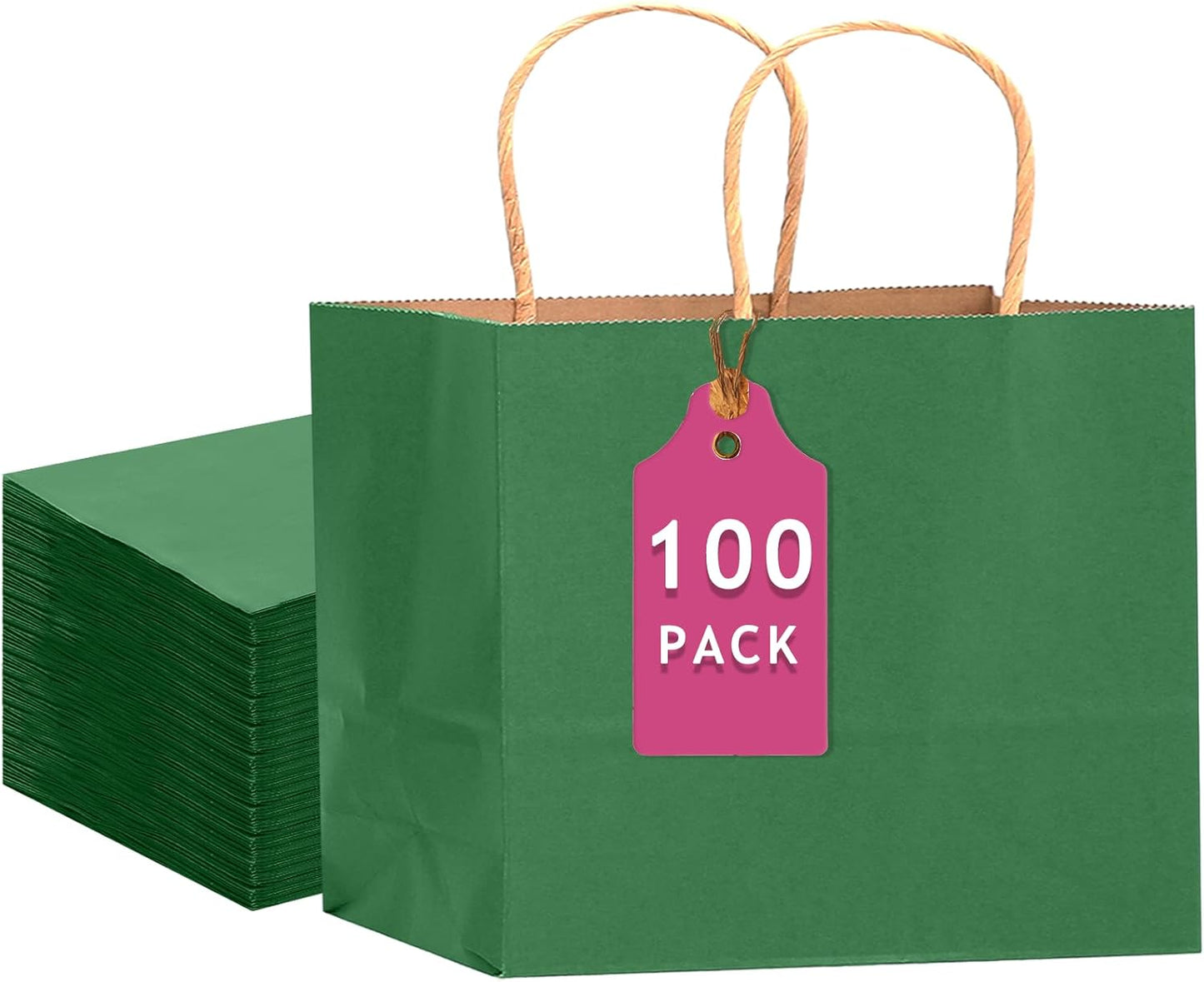 qiqee 100PCS Large Gift Bag with Handles Bulk 13"x4.5"x10" Gift Bags Kraft Deep Green Multiple Uses (32x11x25cm,Wide Large)
