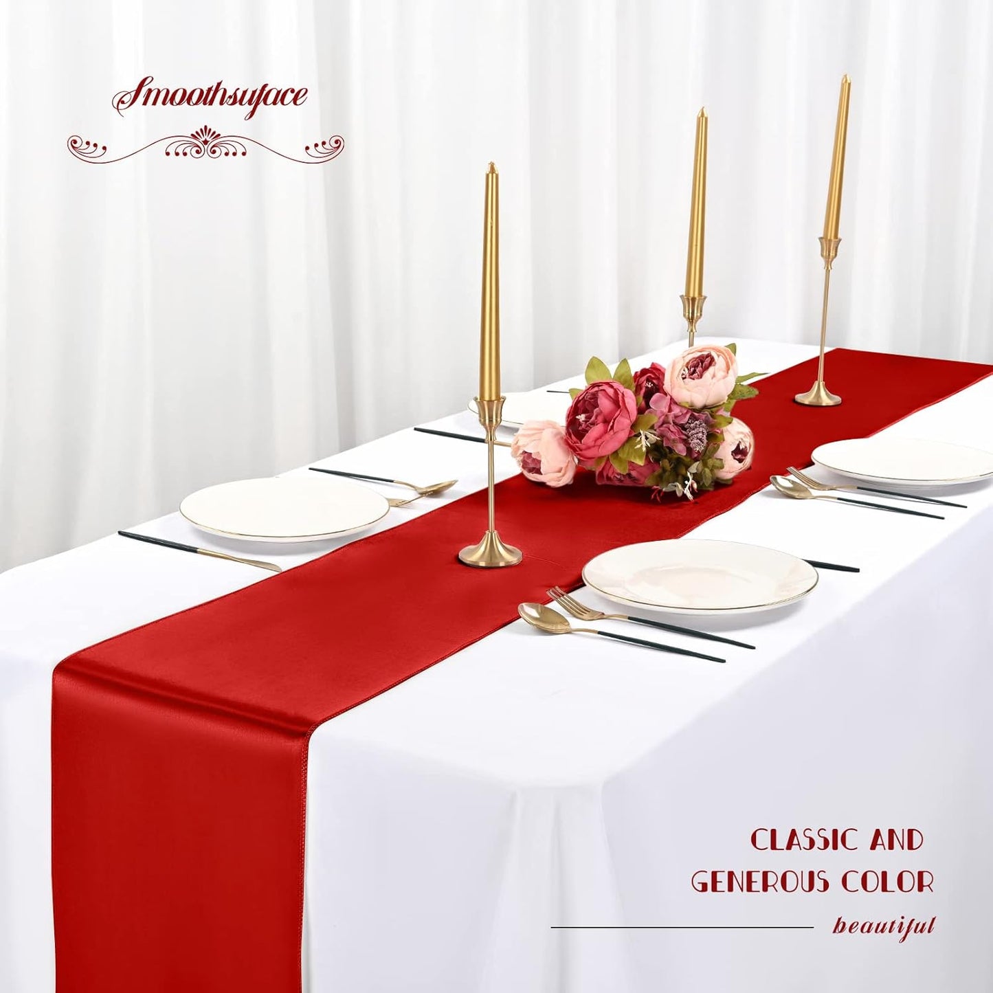 12 Pack Red Satin Table Runner,12 x 108 inch Long Premium Smooth Table Runner for Wedding, Banquets, Birthday, Party, Graduation, Engagements,Table Runners fit Rectangle and Round Table