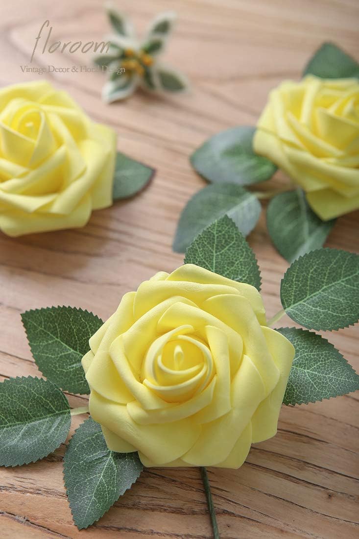 Floroom Artificial Flowers 25pcs Real Looking Canary Yellow Foam Fake Roses with Stems for DIY Wedding Bouquets Baby Shower Centerpieces Floral Arrangements Party Tables Home Decorations