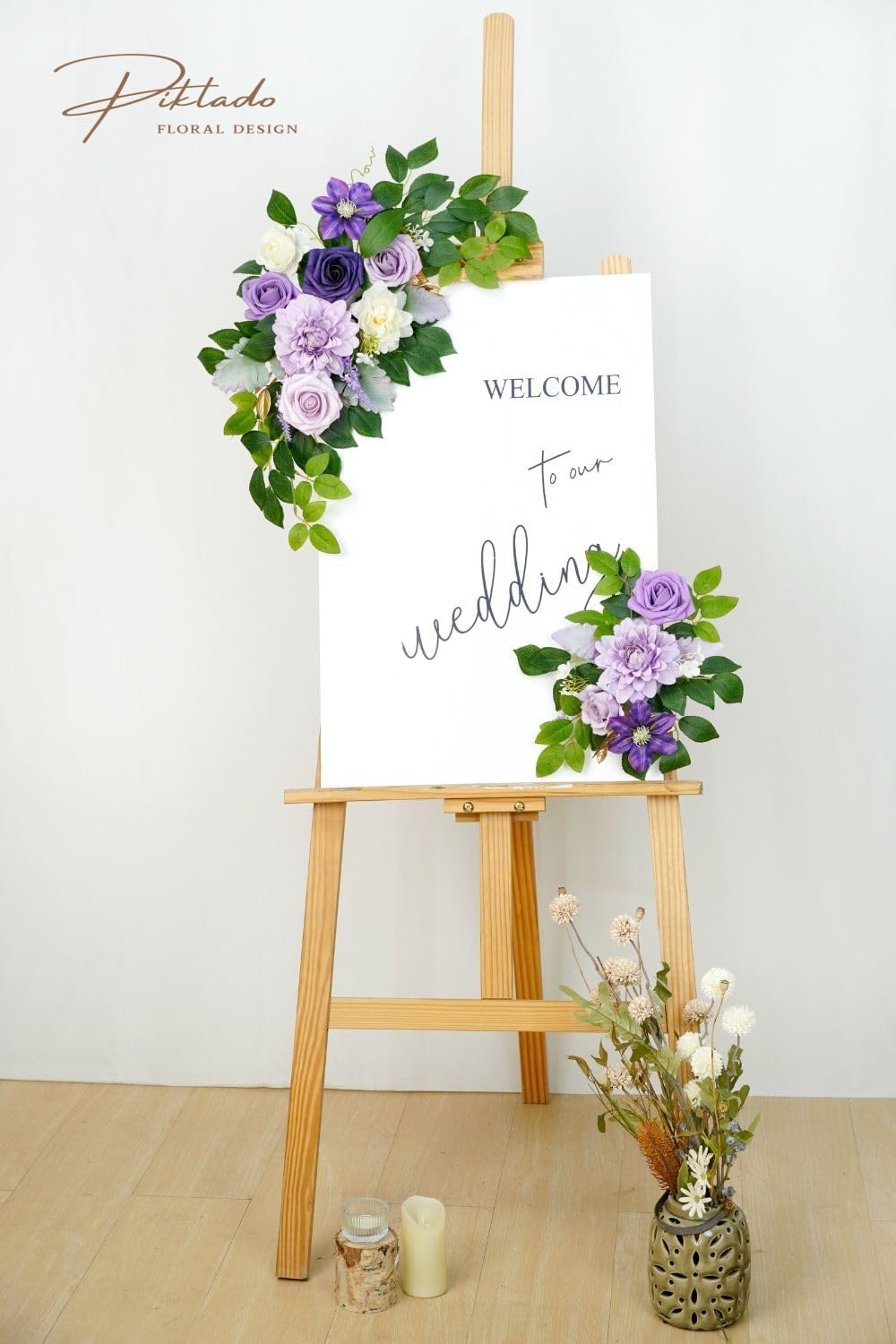 Wedding decor (pack of 2) Welcome Sign Flower Backdrop Garland For Ceremony Reception Wall Easel Home Decoration Entryway Faux Outdoor Board Head Table Decor (Lilic & Cream)